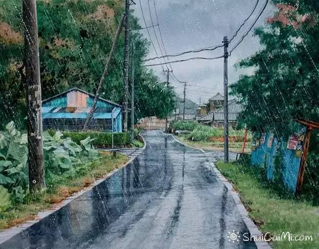小镇一角 田中己永风景水彩画作品-图片1