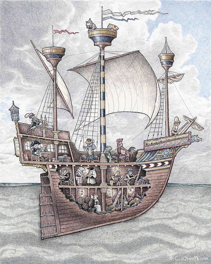 美国渔夫托马斯的渔船生活彩铅插画