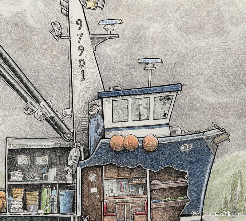 美国渔夫托马斯的渔船生活彩铅插画