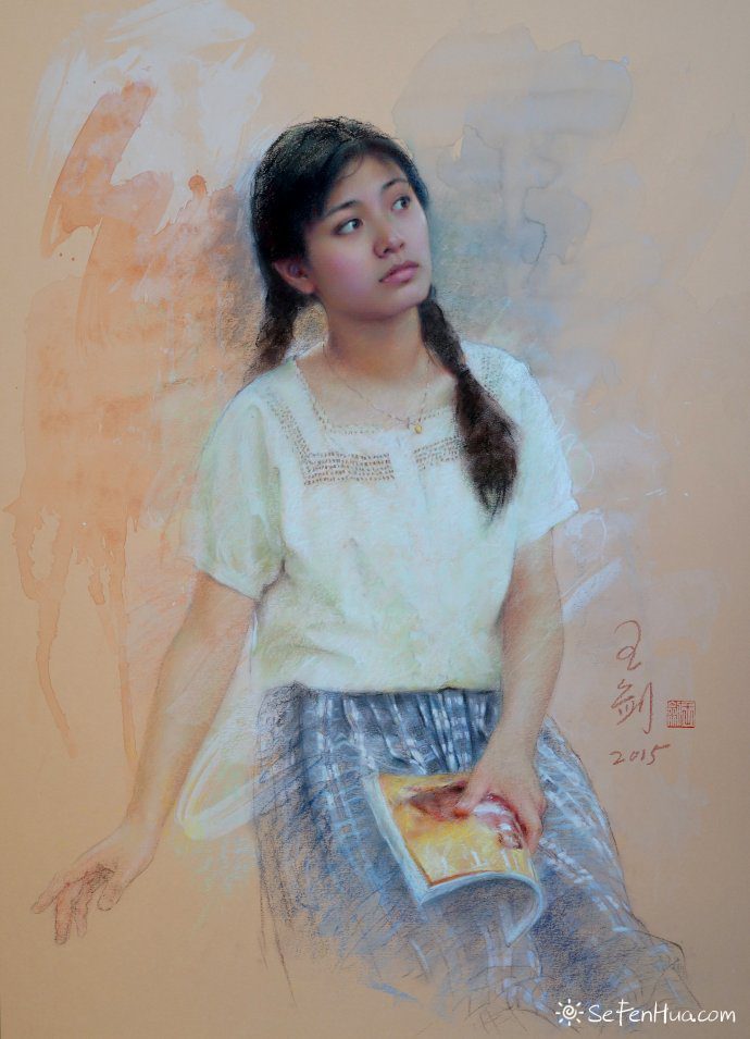 王剑现代女性人物色粉画作品