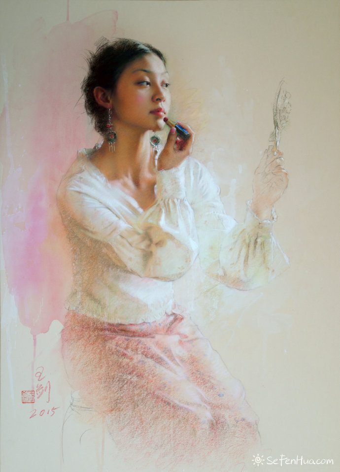 王剑现代女性人物色粉画作品