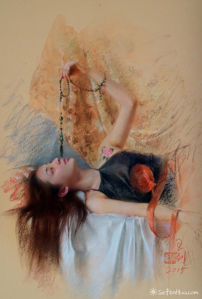 王剑现代女性人物色粉画作品