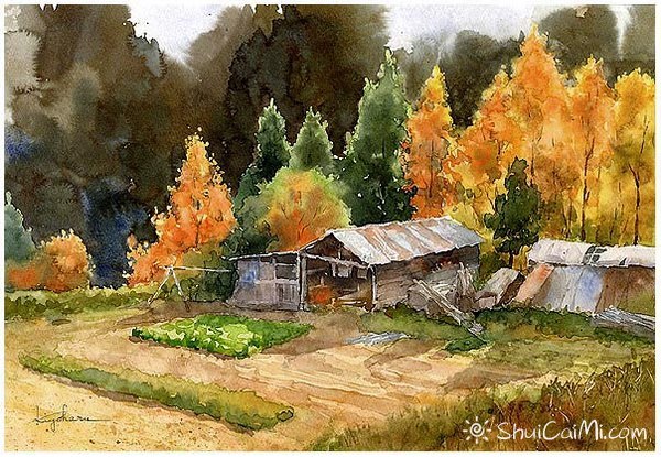 楢崎清春的悠闲田园乡村风景水彩画-图片14