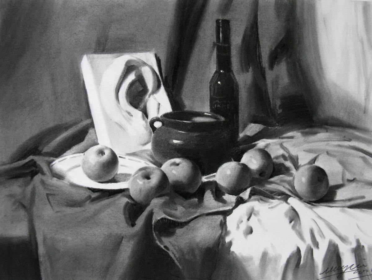 画出静物色彩 炭笔素描静物作品欣赏