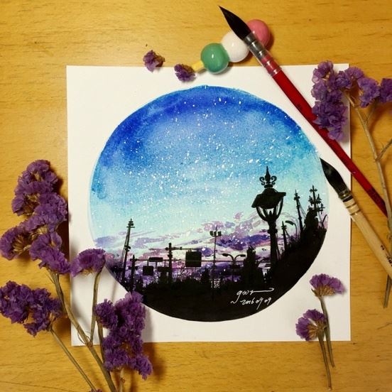 手绘美丽梦幻的水彩星空图片