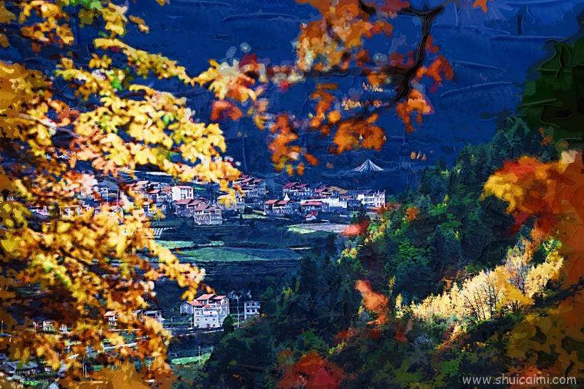 四川阿坝米亚罗风景油画效果图片