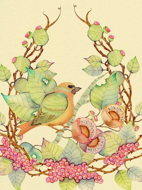 手绘水彩花鸟虫春季风光插画图片