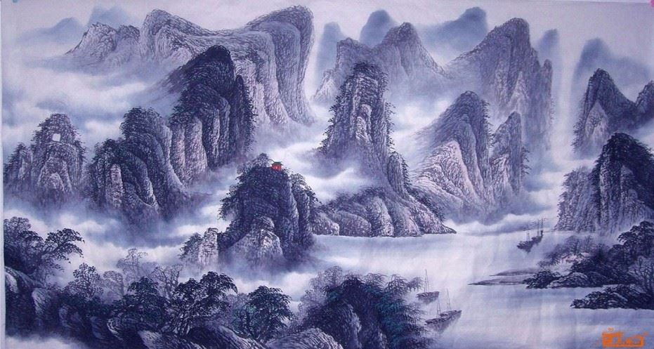 画家李可染手绘桂林山水水墨画图片