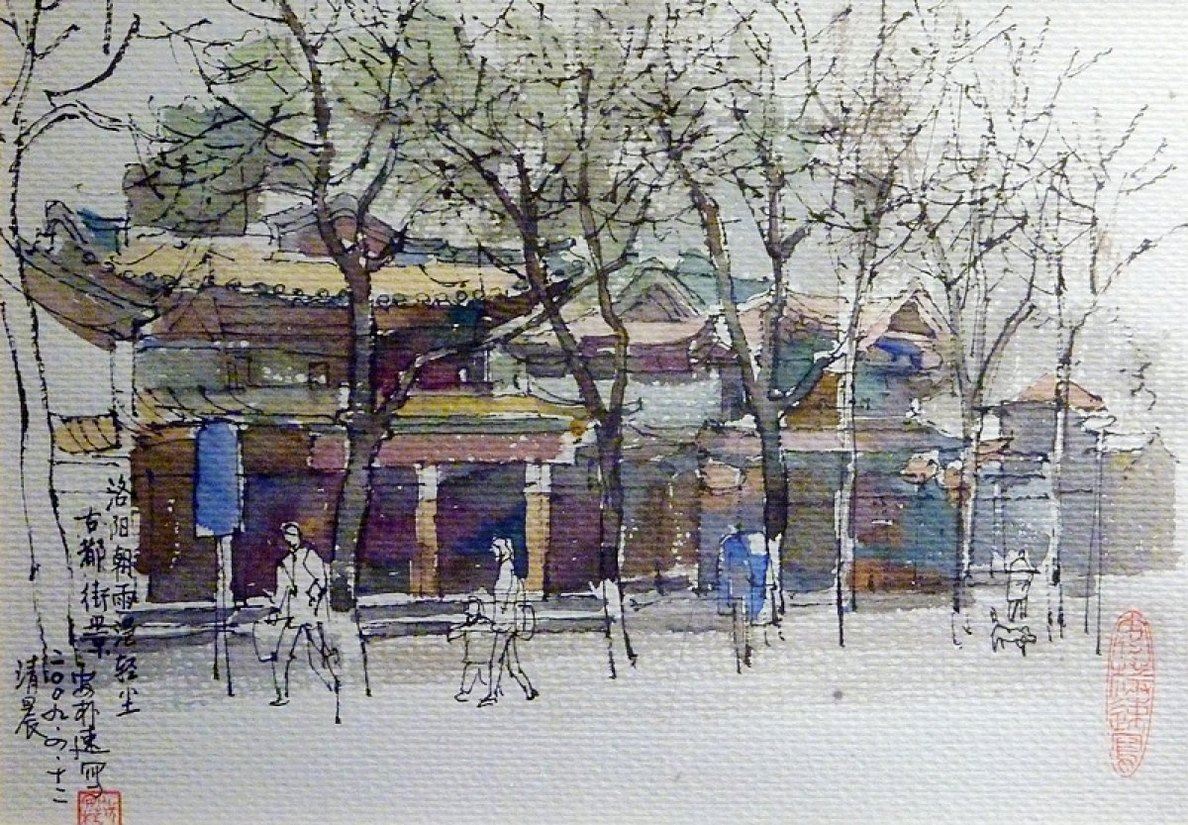 张安朴钢笔手绘水彩风景插画图片