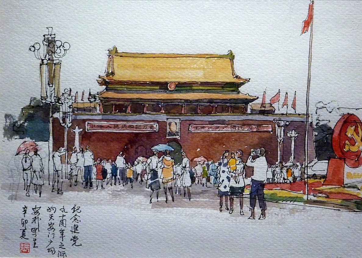 张安朴钢笔手绘水彩风景插画图片