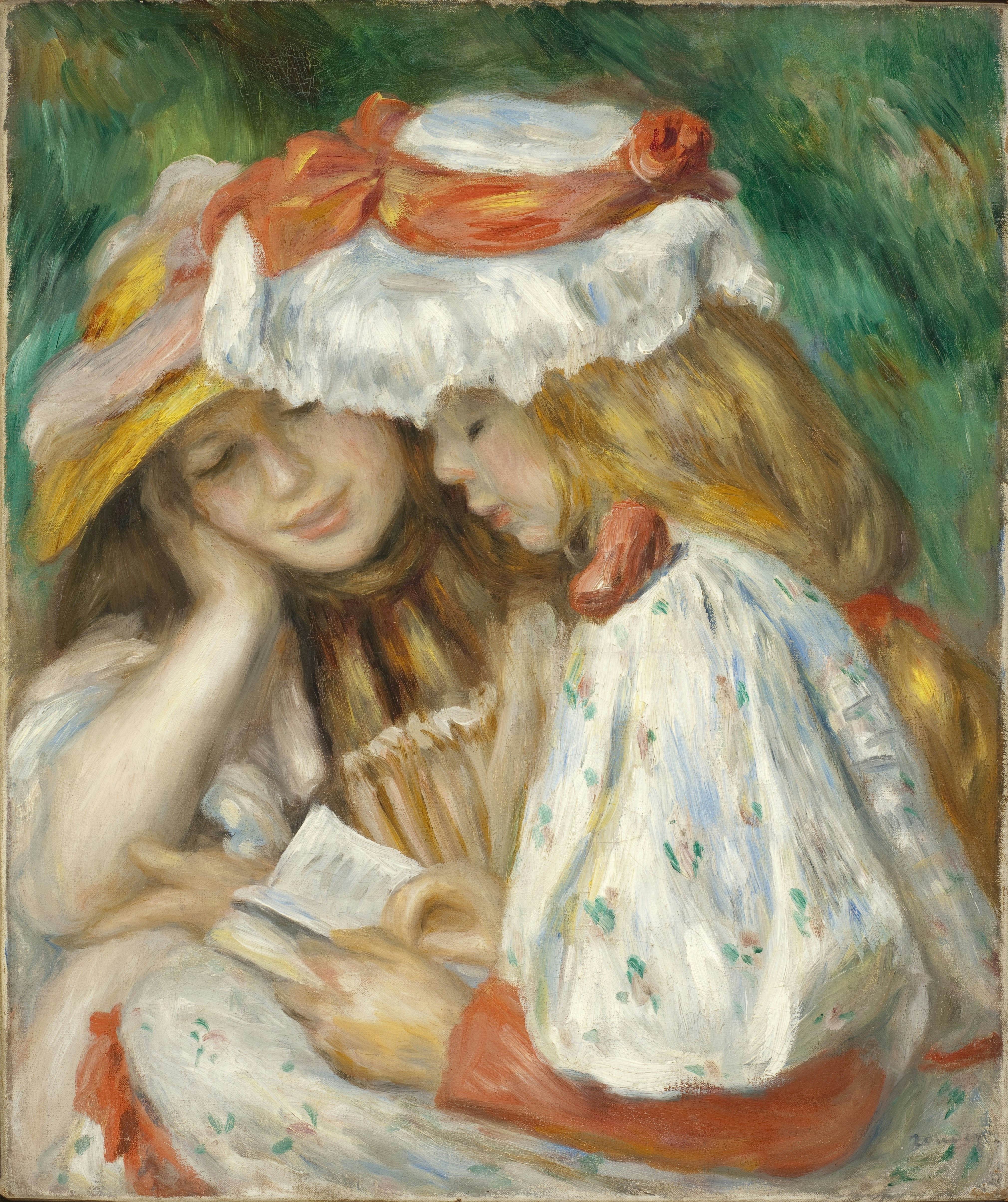 两个在读书的女孩Two Girls Reading 皮埃尔·奥古斯特·雷诺阿(Pierre-Auguste Renoir)油画作品欣赏