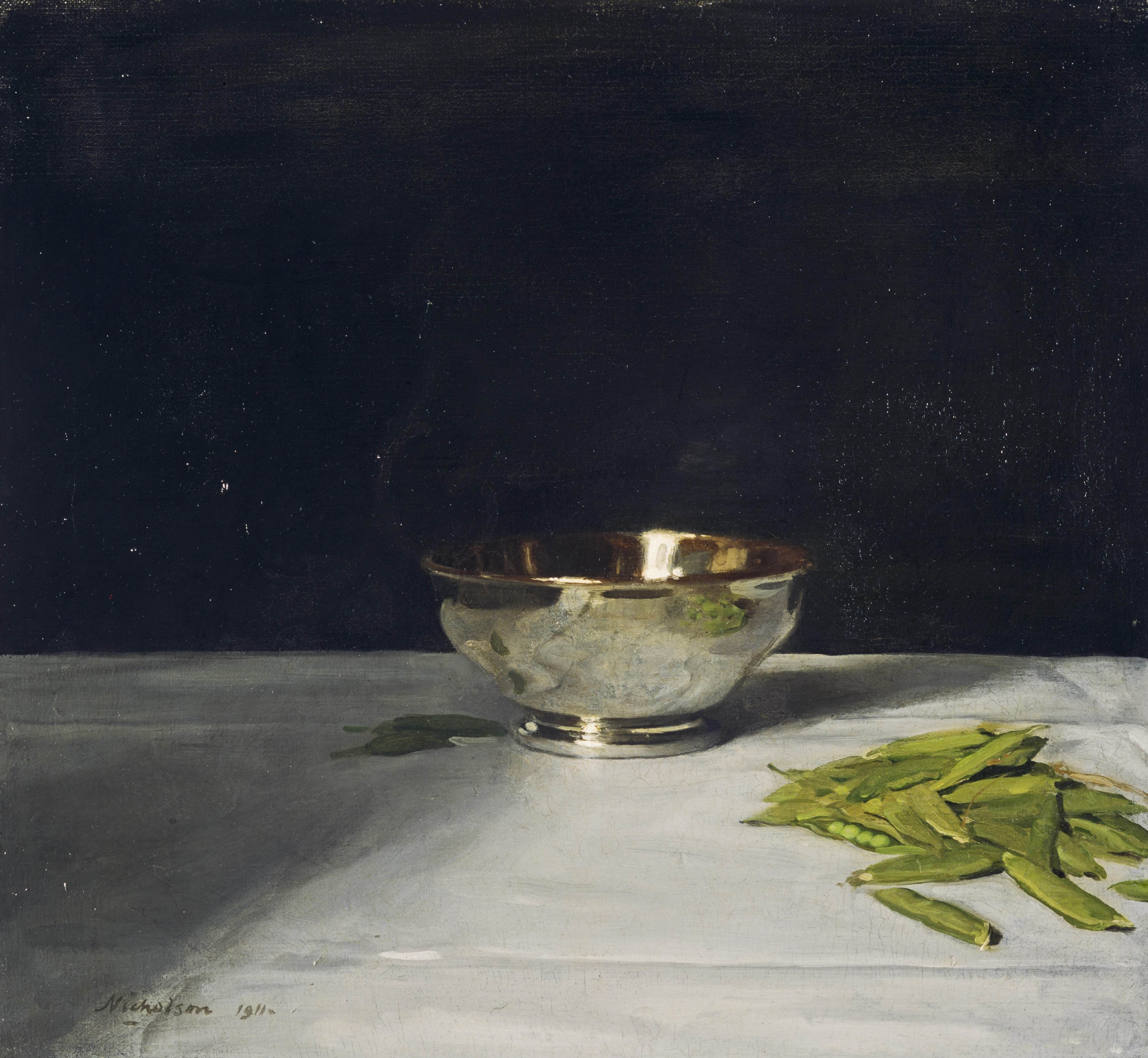 映有绿豌豆光泽的碗The Lustre Bowl with Green Peas 威廉·尼科尔森（Sir William Nicholson）油画作品欣赏