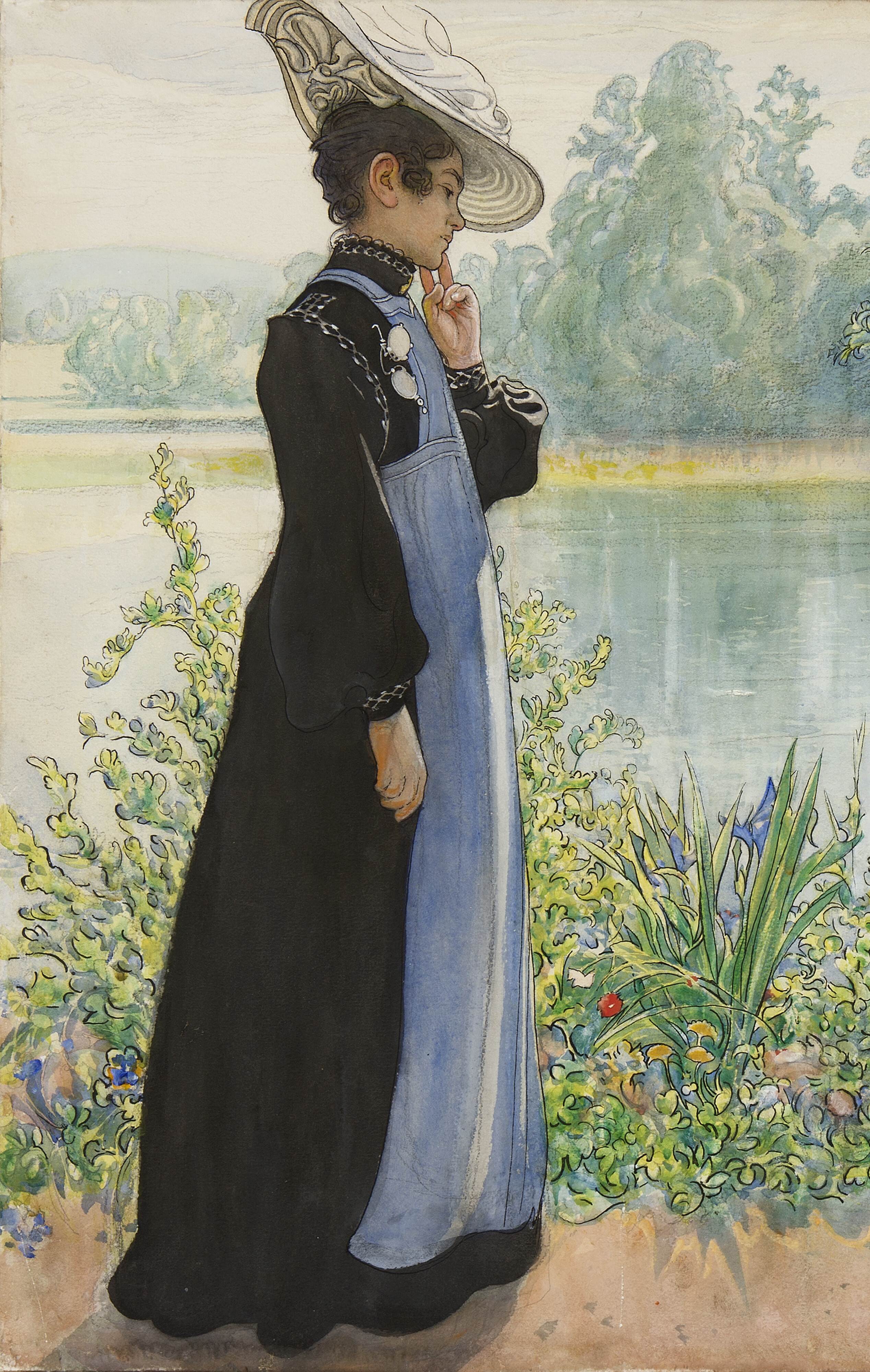 卡琳在岸边Karin by the shore Carl Larsson水彩画作品欣赏-图片1