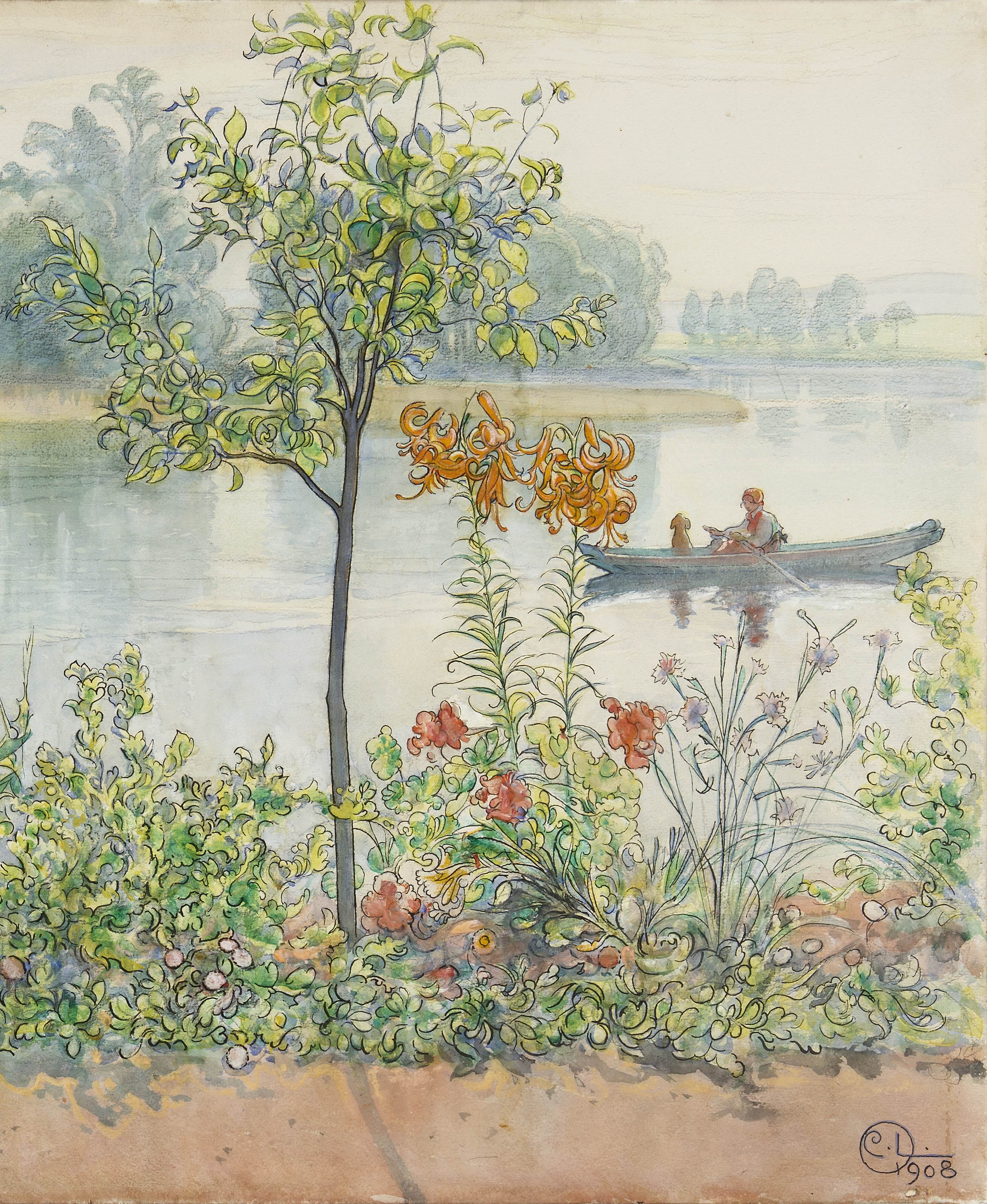 卡琳在岸边Karin by the shore Carl Larsson水彩画作品欣赏-图片2