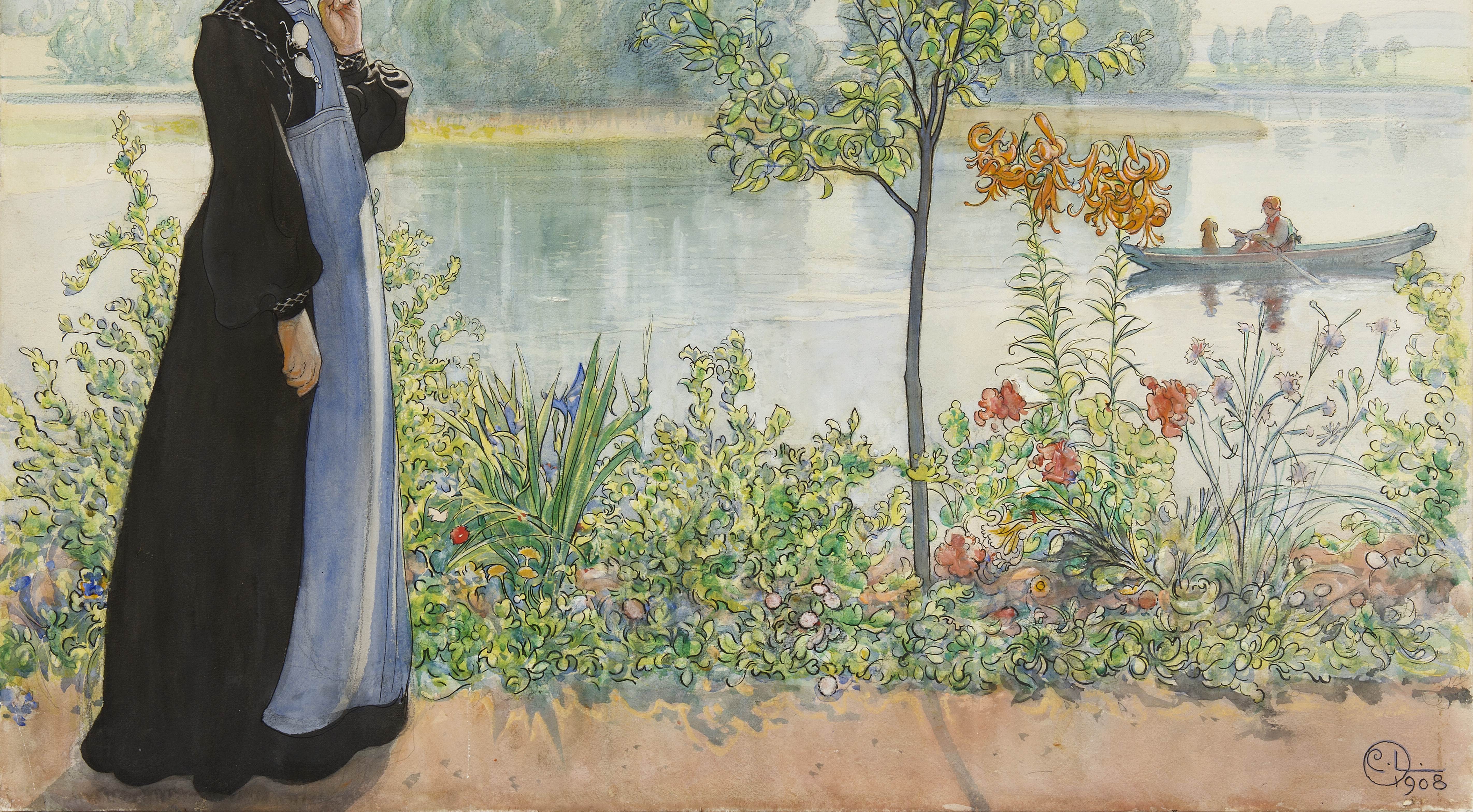 卡琳在岸边Karin by the shore Carl Larsson水彩画作品欣赏-图片6