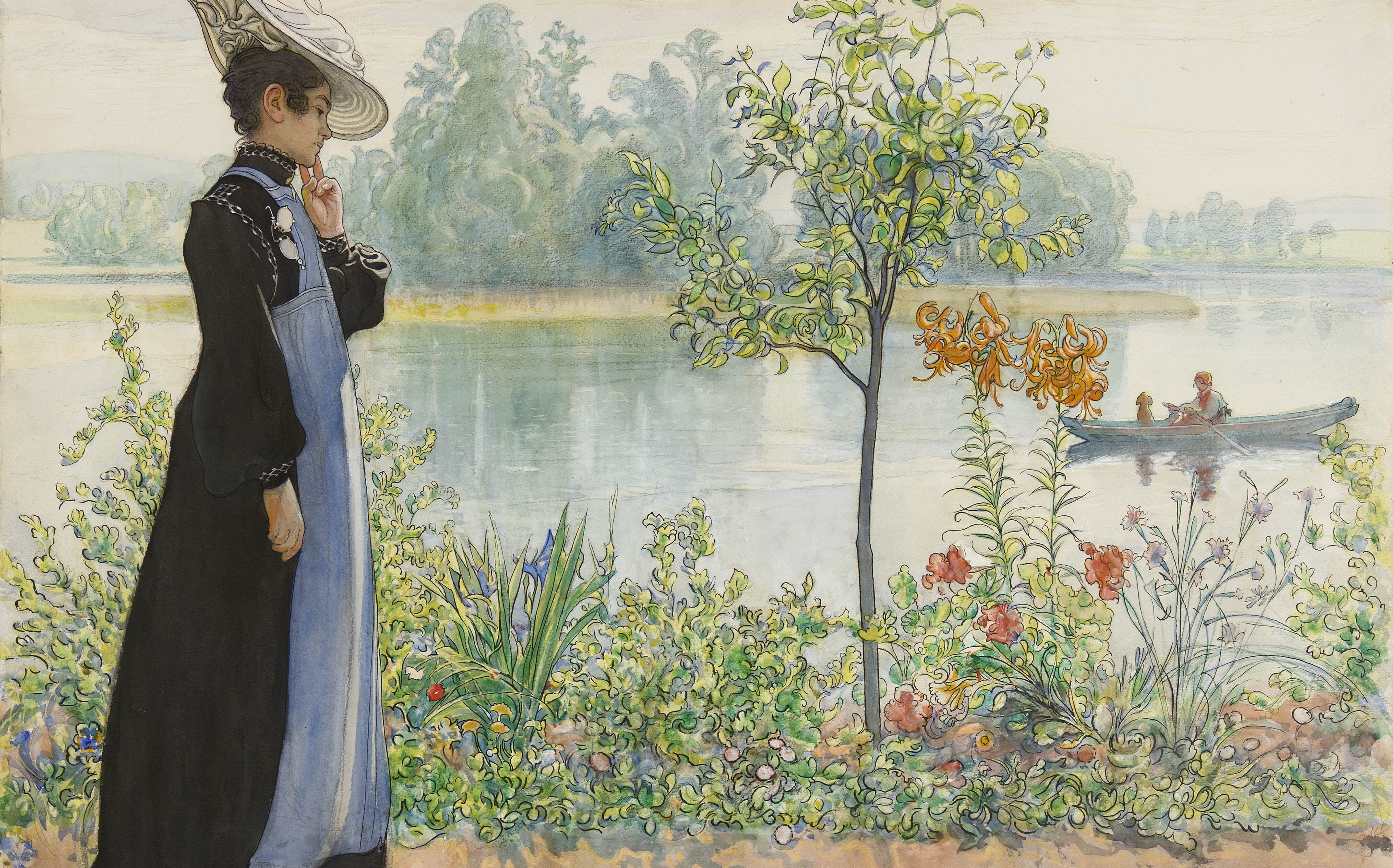 卡琳在岸边Karin by the shore Carl Larsson水彩画作品欣赏-图片5
