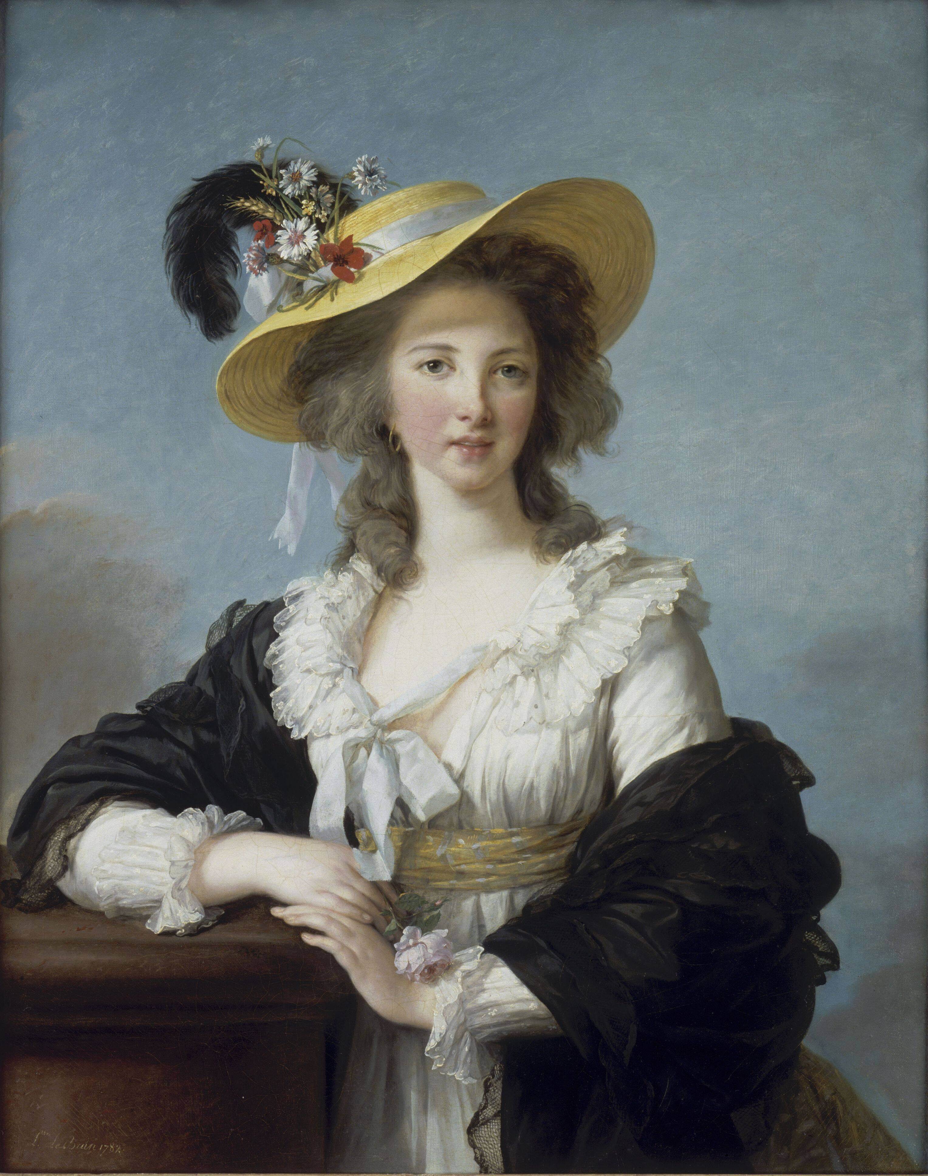 勃利夫人Yolande-Martine-Gabrielle de Polastron, duchesse de Polignac; Portrait au chapeau de paille Louise Élisabeth Vigée Le Brun油画作品欣赏