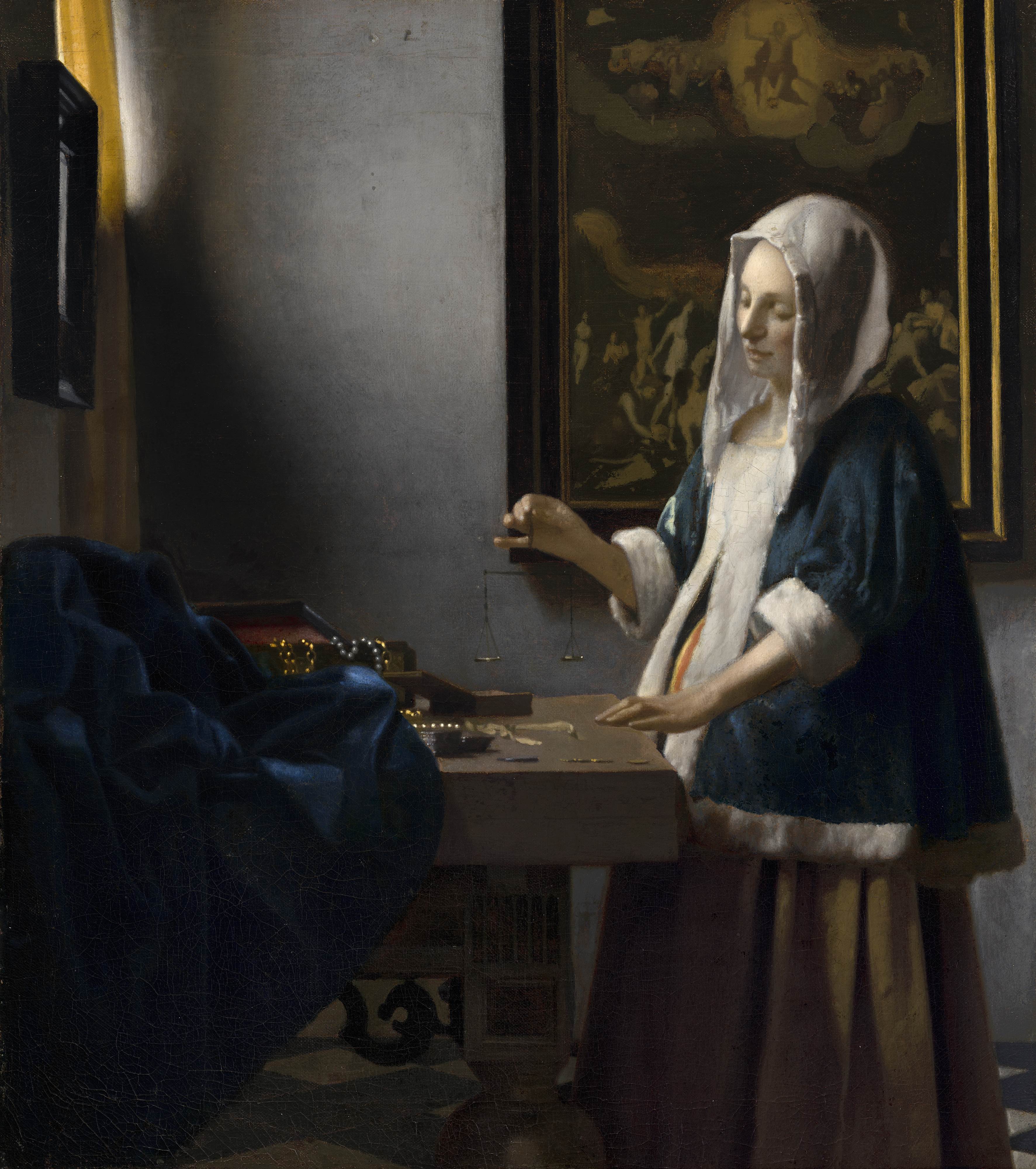 持天平的女人Woman Holding a Balance 维米尔（Johannes Vermeer）油画作品欣赏