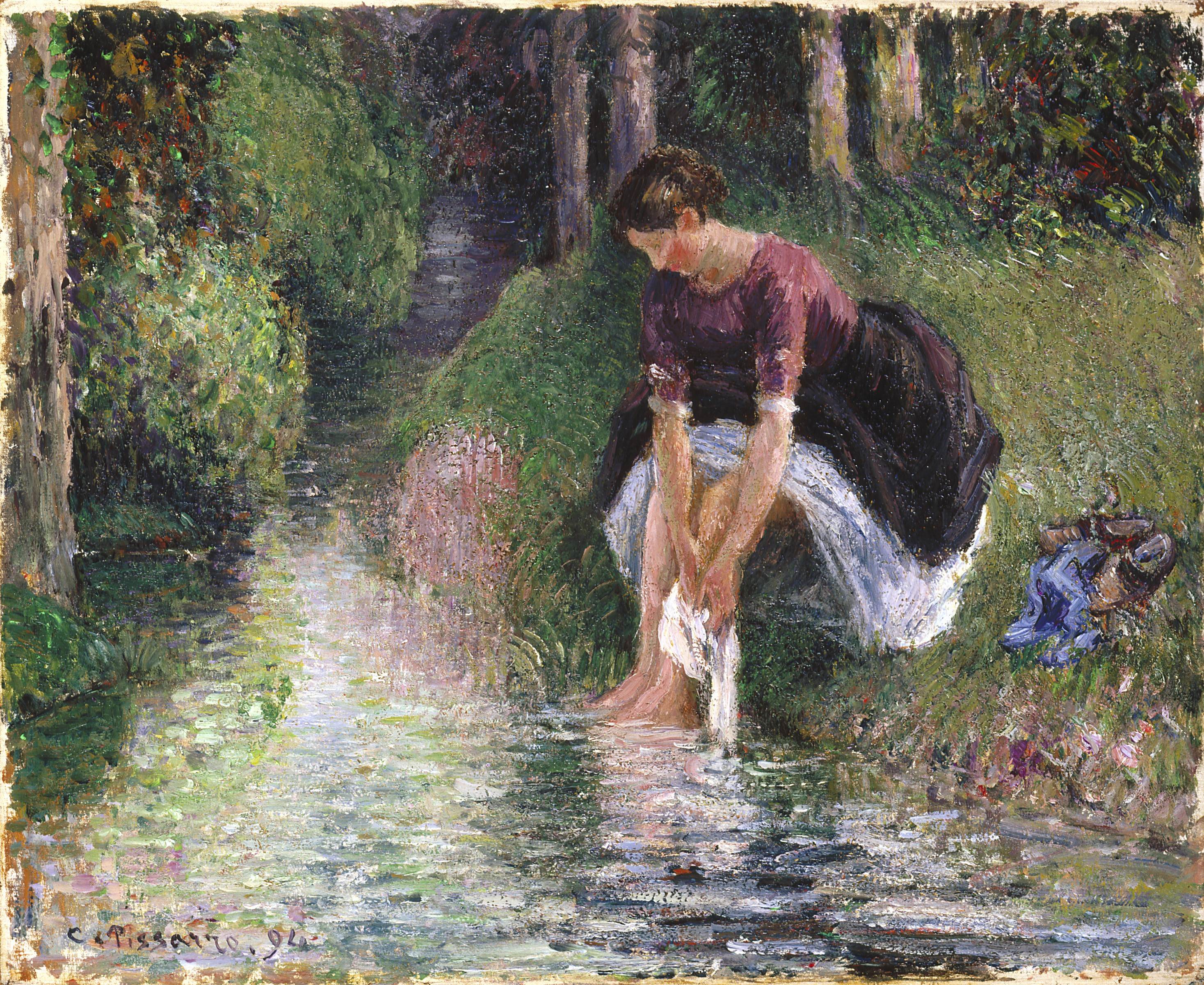 在溪边洗脚的女子Woman Washing Her Feet in a Brook 毕沙罗（Camille Pissarro）油画作品欣赏