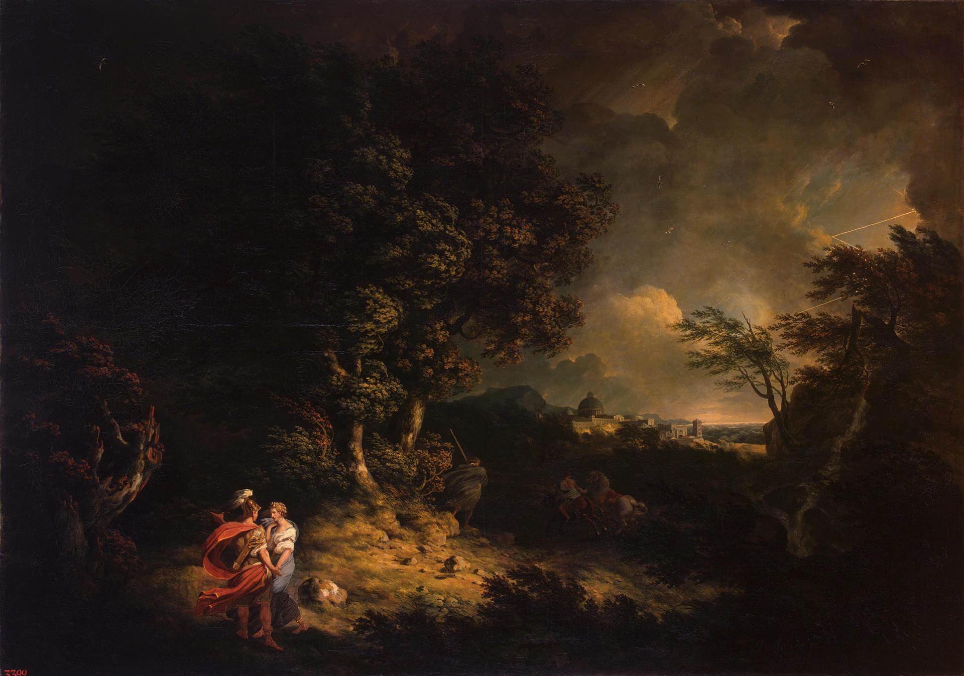 风暴中的狄朵与埃涅阿斯Landscape with Dido and Aeneas (Storm) Jones Thomas油画作品欣赏