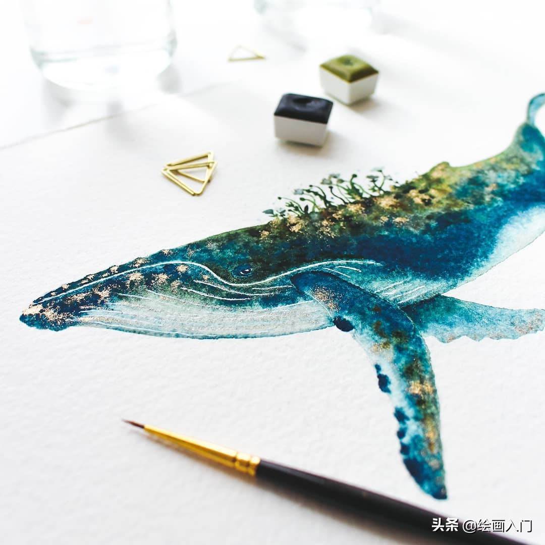 深海鲸鱼唯美水彩画 海洋水彩画教程要有鲸鱼的-图片3