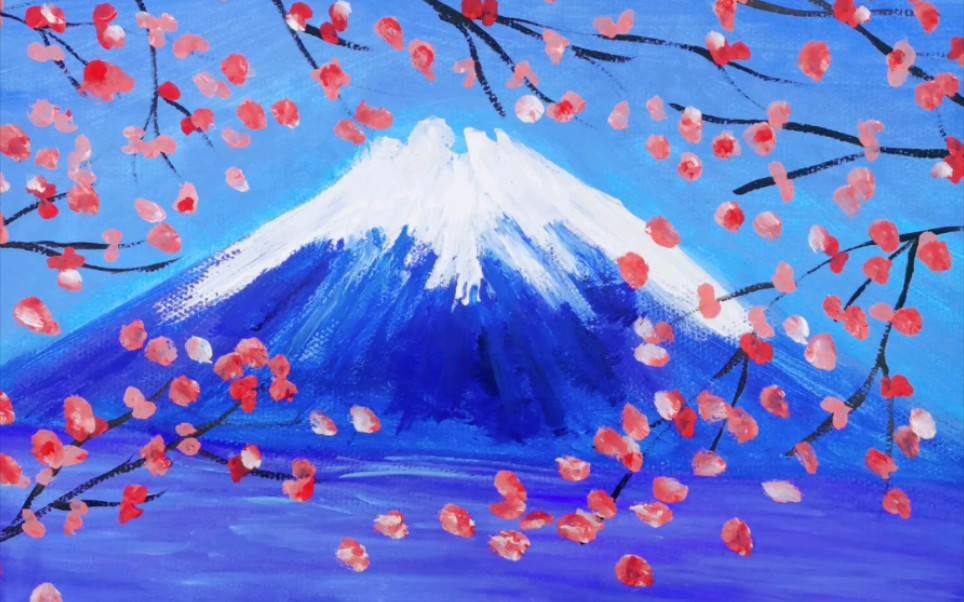 富士山樱花水彩画