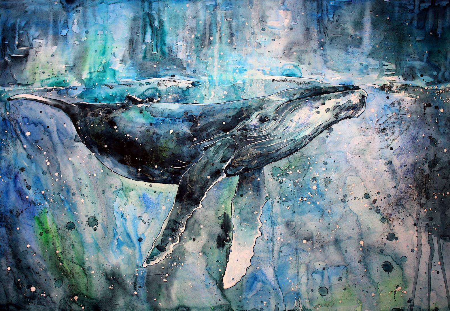 深海鲸鱼唯美水彩画 海洋水彩画教程要有鲸鱼的-图片4