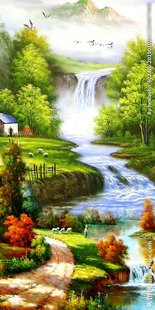 青山绿水水彩画