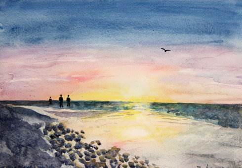 海边水彩画 海边水彩画日落图片-图片3