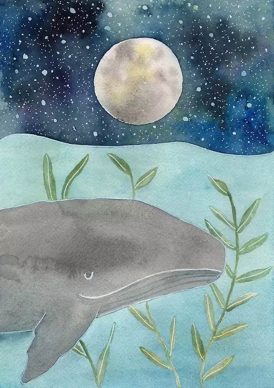 深海鲸鱼唯美水彩画