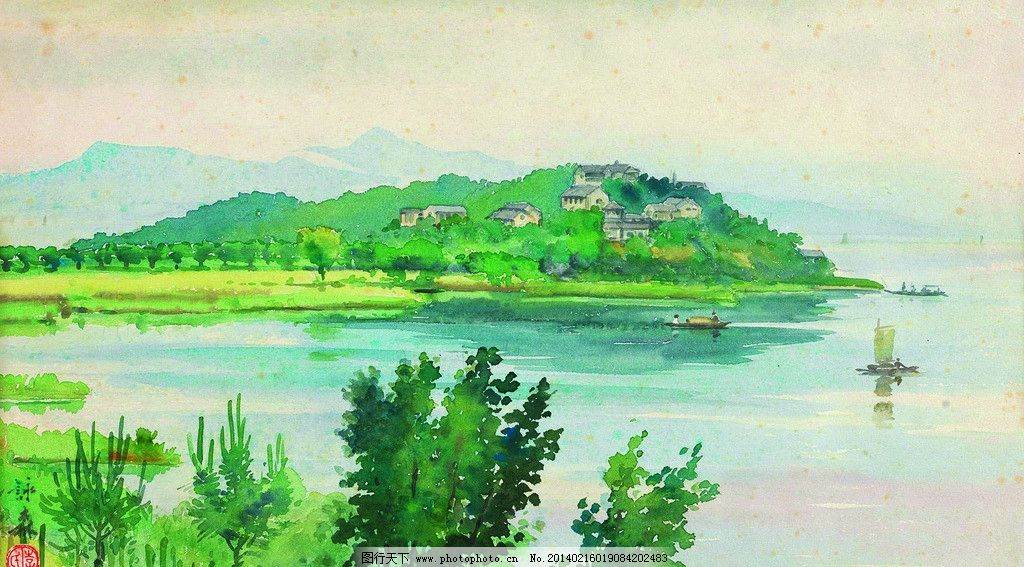 青山绿水水彩画