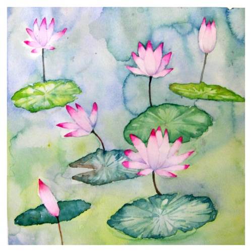 荷花池塘水彩画