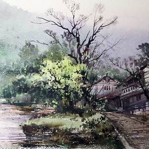 青山绿水水彩画