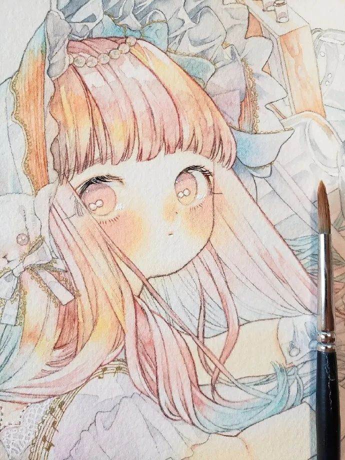 可爱女孩水彩画