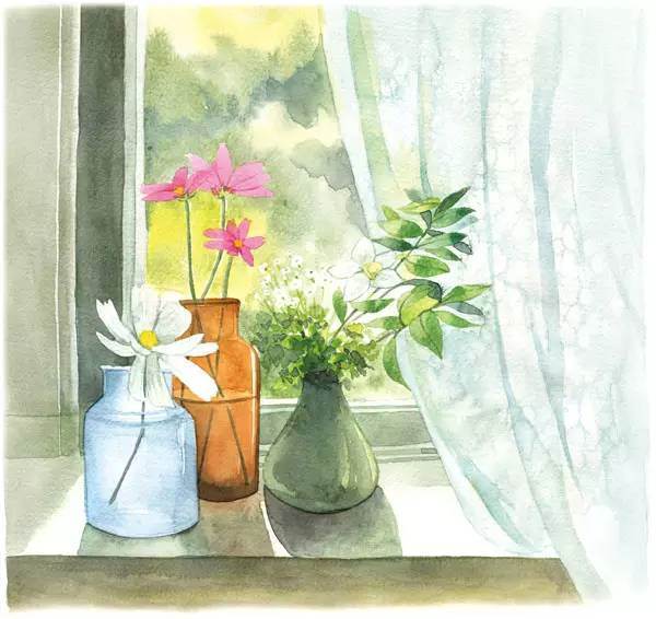 窗台水彩画