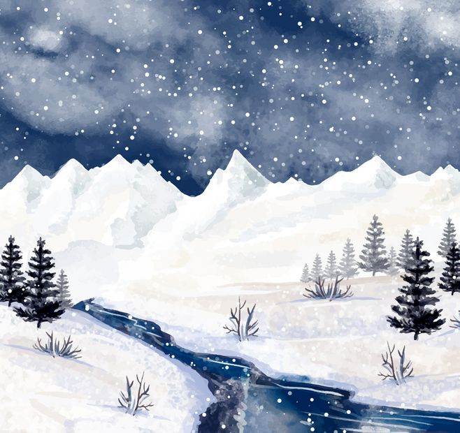 冬天风景水彩画