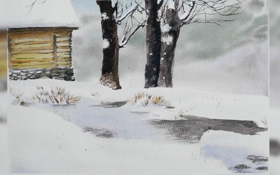 冬天风景水彩画