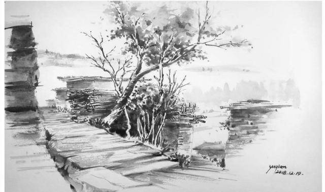 单色水彩画