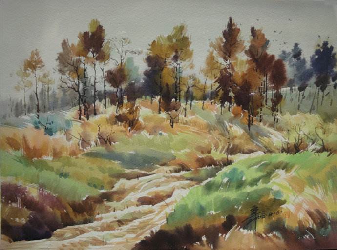 深秋水彩画