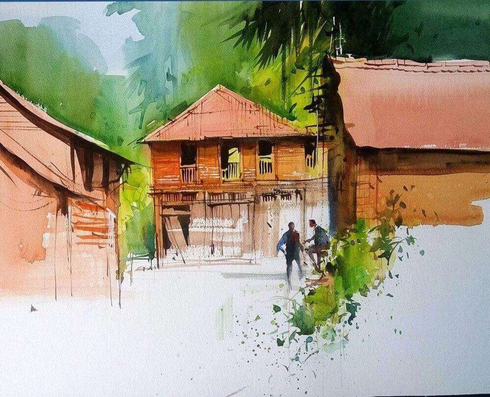 房屋水彩画