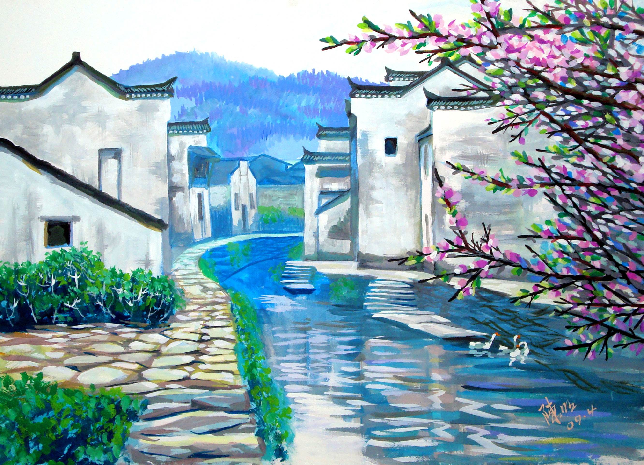 水粉画风景简单唯美