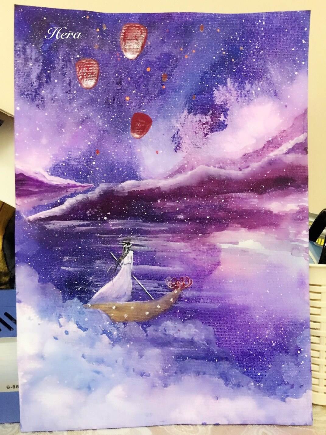 夜晚星空水粉画