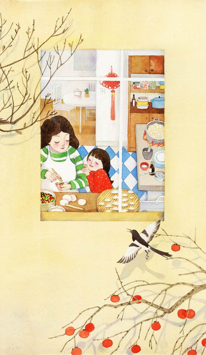 包饺子水彩画