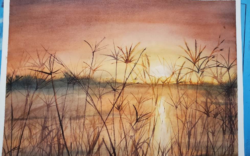 水彩画夕阳