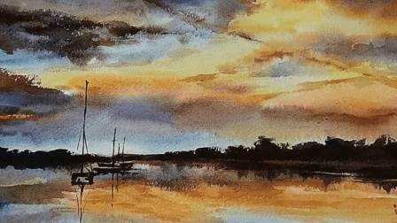 水彩画夕阳
