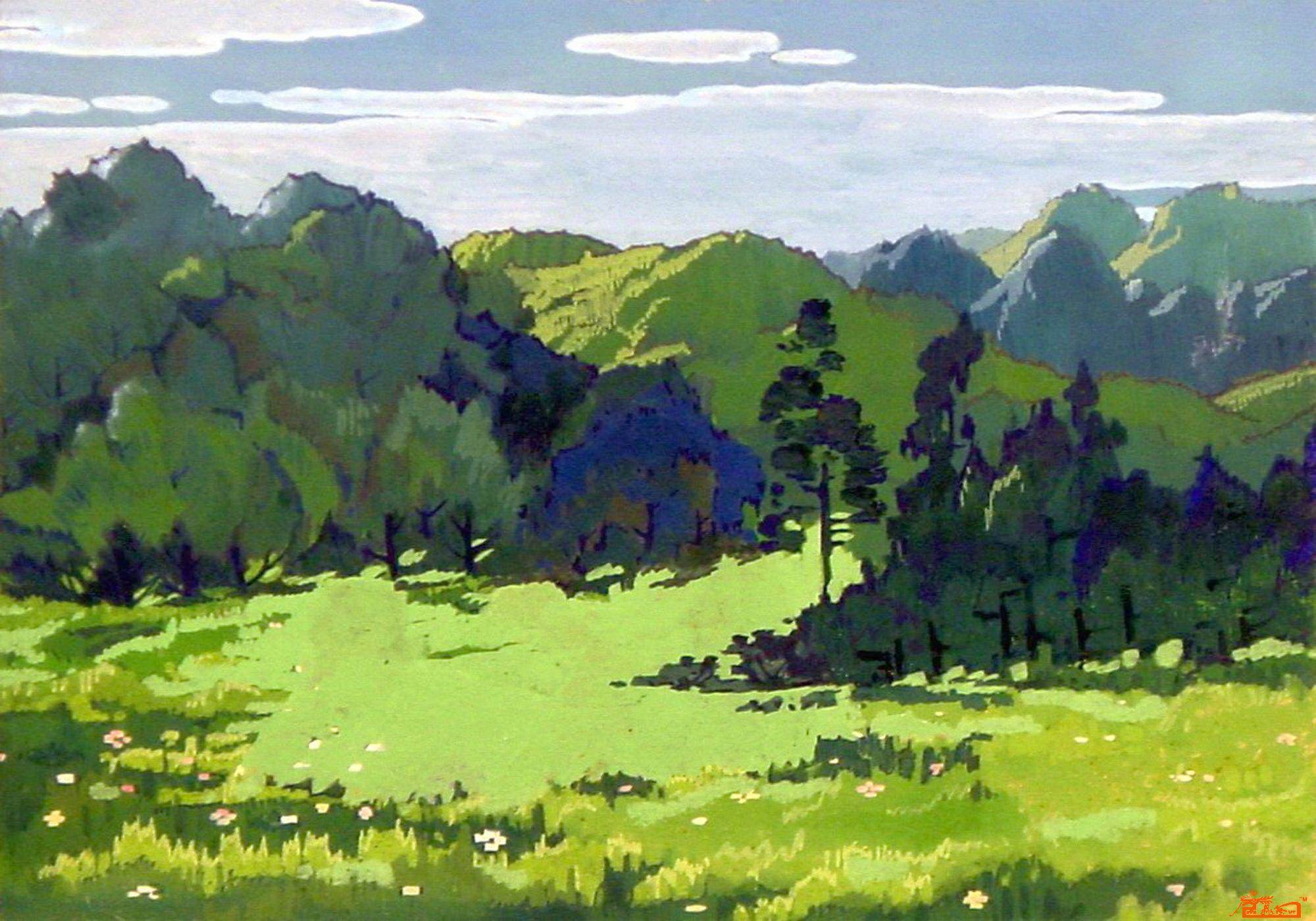 水粉画山水