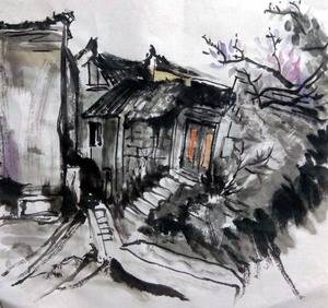 水粉画山水