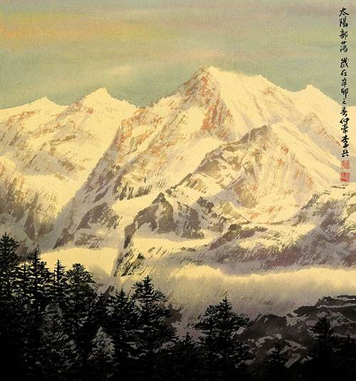 水粉画雪山