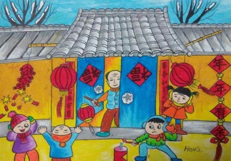 以新年为主题的水粉画