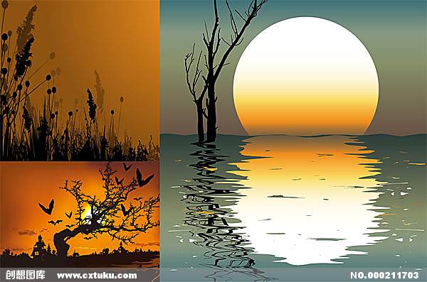 黄昏渐变水粉画